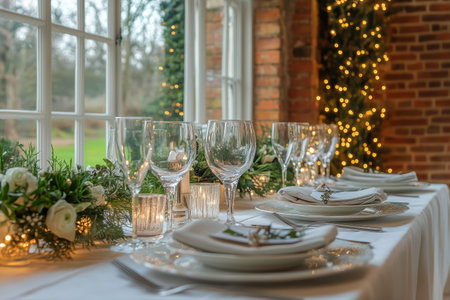 A beautifully arranged table features shiny glassware and ornate plates, illuminated by warm lights. Lush greenery enhances the festive atmosphere, perfect for celebrations.の素材