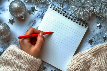 Hands holding a red pencil and notepad, writing in a cozy environment with warm lights and festive decorations. The atmosphere feels serene and inviting, perfect for creativity.の素材