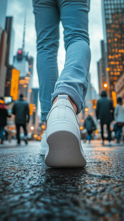 A person walks along a bustling city street with gray pavement, surrounded by tall buildings and pedestrians. The weather appears overcast, creating a vibrant urban atmosphere.の素材