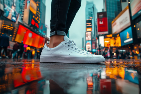 Worn white sneakers stand on a wet surface in Times Square, capturing vivid reflections of bright advertisements and a bustling crowd during a rainy day.の素材