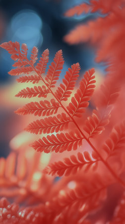 Ferns display their vibrant orange hues in a lush forest, illuminated by gentle sunlight filtering through the trees, creating a serene atmosphere.の素材