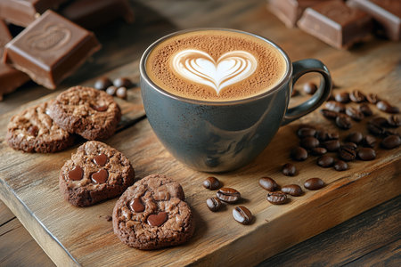 A cozy arrangement features a dark cup of coffee boasting heart-shaped latte art alongside rich chocolate cookies and coffee beans. This delightful setup evokes warmth and comfort.の素材
