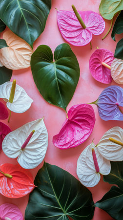 A bright display of various flowers in shades of pink, white, orange, and purple, surrounded by large green leaves, creating a bold and cheerful decorative piece.の素材