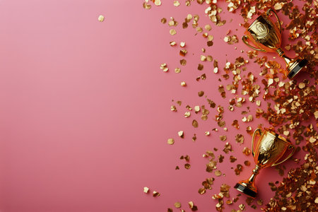 Golden trophies are arranged on a pink background, surrounded by shimmering confetti. This festive display celebrates achievements and honors special events with vibrant colors.の素材