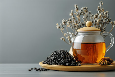Transparent glass kettle holds warm tea next to a mound of coffee beans on a wooden platter, with dried flowers in the background creating a calm atmosphere.の素材