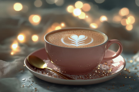 A soft pink coffee cup filled with latte art rests on a warm knitted blanket. Twinkling lights create a cozy atmosphere, enhancing the inviting feel of the warm drink.の素材
