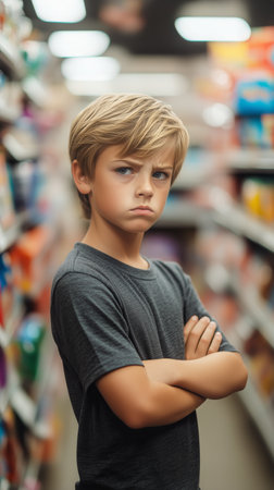 A young boy stands with his arms crossed, looking serious while surrounded by colorful packages in a grocery store aisle.の素材