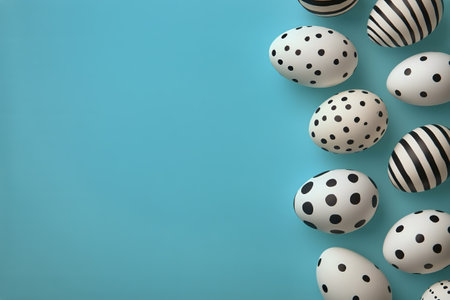 Colorful decorative eggs rest on a light blue background, showing black and white patterns perfect for a spring celebration or festive decor.の素材