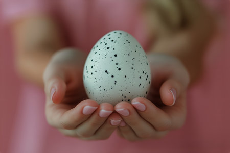 Two hands hold carefully a speckled egg, showing its unique patterns. The soft background adds a gentle touch to the delicate moment, emphasizing the eggs beauty.の素材
