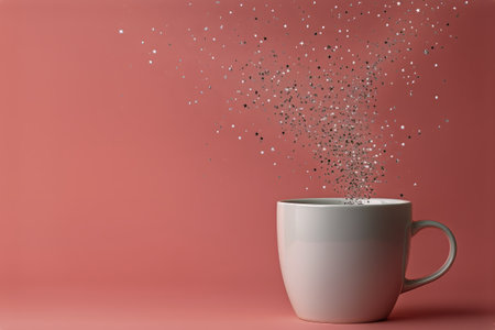 A white cup positioned against a pink background releases shimmering stars and glitter, creating a festive and whimsical atmosphere perfect for a celebration or party.の素材