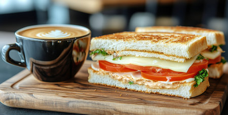 A delicious sandwich layered with lettuce, tomato, and cheese sits beside a cup of creamy coffee. The wooden board adds warmth to the cozy cafe atmosphere.の素材