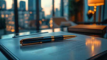 A luxurious pen is placed on a contract in a stylish office. The skyline glows with lights as the sun sets, creating a vibrant atmosphere for business matters.の素材