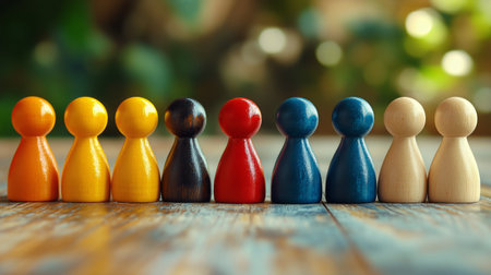 Eight wooden figures in various colors are arranged in a line on a wooden surface. The setting is colorful and lively, emphasizing the playful nature of the figures.の素材