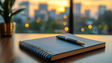 A blue notebook sits on a wooden desk next to a pen, with a beautiful sunset casting warm colors over the city skyline in the background, creating a calm work atmosphere.の素材