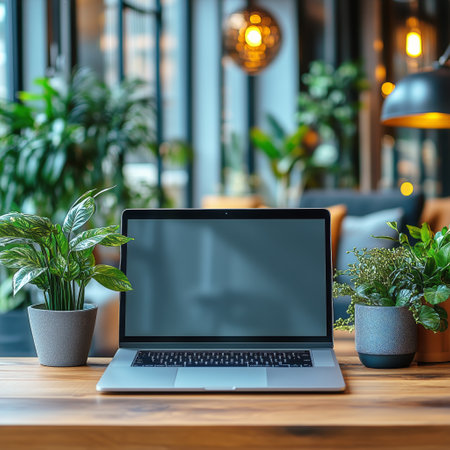 A sleek laptop sits atop a wooden table surrounded by lush green plants in a stylish cafe. Bright daylight illuminates the comfortable atmosphere and inviting decor.の素材