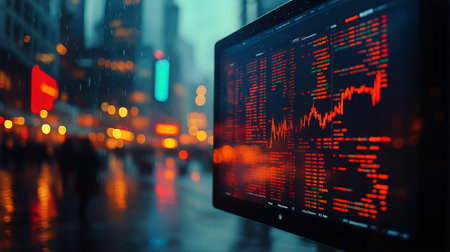 A computer screen displays stock market data amid a vibrant city backdrop. People move through the rainy streets, creating a lively atmosphere after sunset.の素材