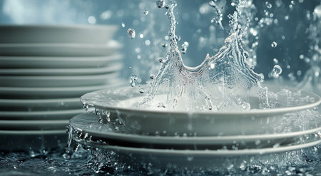 Water droplets create a spectacular splash as they hit stacked white plates on a countertop during a kitchen cleanup, highlighting the motion and freshness of the moment.の素材