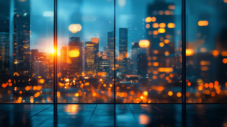 Bright lights from tall buildings create a vibrant mosaic against the twilight sky, showcasing a lively urban atmosphere as the sun sets on a bustling city.の素材