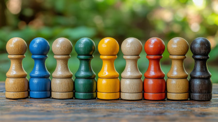 Eight wooden figures in various colors are arranged in a line on a wooden surface. The setting is colorful and lively, emphasizing the playful nature of the figures.の素材