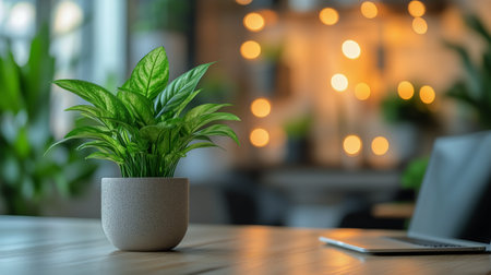 A small green plant in a textured pot sits on a wooden table. The background features warm, circular lights creating a cozy atmosphere in a modern workspace.の素材
