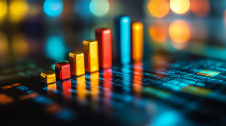 The sleek, illuminated bar graph displays data trends on a glossy table in a contemporary office environment at night, highlighting growth and analysis.の素材