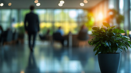 A professional man walks through a contemporary office lobby filled with natural light and decorative plants, engaging with a vibrant environment that encourages productivity.の素材