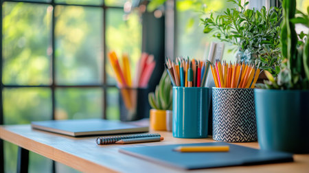 Yellow pencils are neatly arranged in a polka-dotted holder, set on a wooden table surrounded by vibrant potted plants and soft background lighting, creating a warm atmosphere.の素材