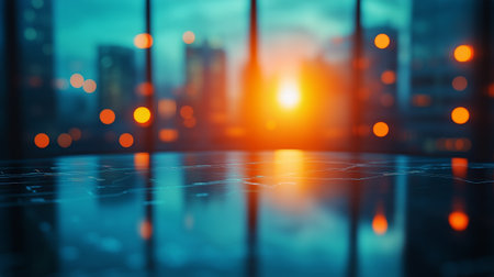 Glowing sunset casts orange light across city skyline seen through glass windows. Reflections create a calming atmosphere in the urban setting during evening hours.の素材