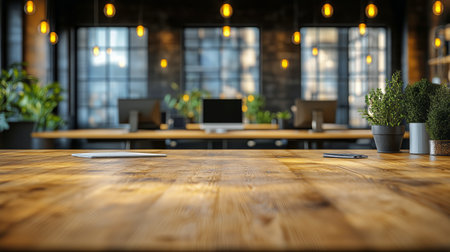 A wooden table in a contemporary office features lush plants and well-arranged computers under warm pendant lights, creating a fresh and inviting workspace.の素材