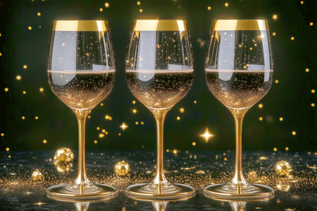 Three elegant glasses filled with sparkling drinks stand on a dark surface, surrounded by golden highlights and twinkling lights, creating a celebratory atmosphere.の素材