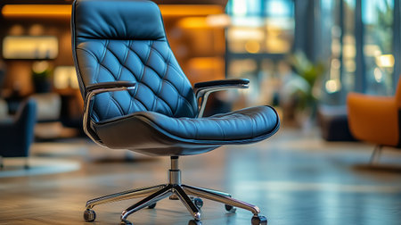 A sleek black office chair stands alone in a spacious, sunny office environment. The setting features warm lighting and green plants, creating a welcoming atmosphere for work.の素材
