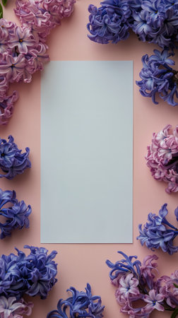 A blank piece of paper is surrounded by vibrant purple and pink flowers on a soft pink background, ideal for crafting, invitations, or artistic displays in a serene setting.の素材