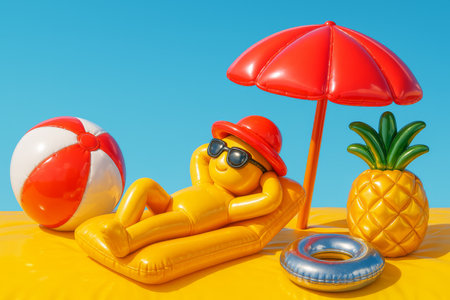 A cheerful figure lounges on a yellow float under a red umbrella. A beach ball and pineapple add to the fun atmosphere on a bright sunny day by the beach.の素材