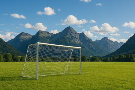 A soccer goal stands on a lush green field surrounded by majestic mountains under a clear blue sky with clouds. The setting is ideal for outdoor sports activities.の素材