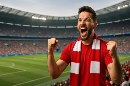 A man wearing a red shirt and scarf cheers enthusiastically for his team, with a packed stadium in the background.の素材