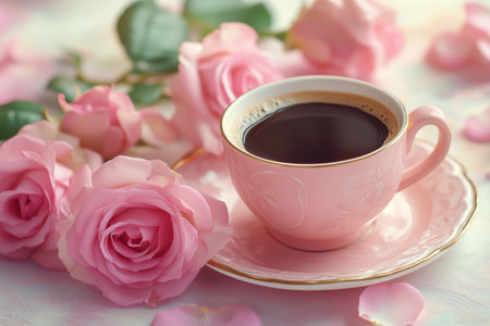 A delicate white cup filled with warm coffee is placed on a soft fabric surrounded by pink roses and petals, creating a charming and inviting atmosphere in the morning light.の素材