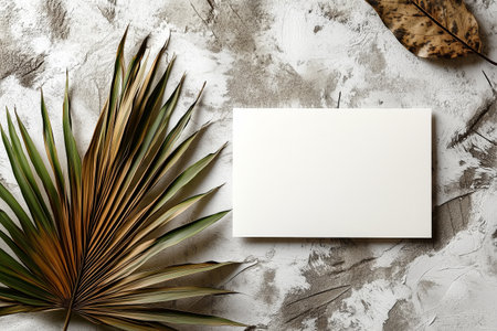 Blank canvas is positioned between two dried leaves against a textured wall, showing natural shadows and warm colors in an artistic arrangement.の素材