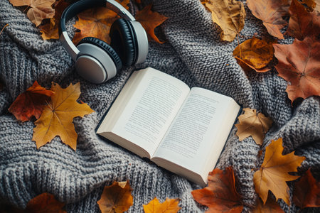 A soft knit blanket serves as a cozy setting for an open book, while colorful autumn leaves decorate the scene. Headphones rest nearby, perfect for enjoying music while reading.の素材