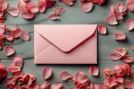A soft pink envelope rests in the center of a circular arrangement of light pink rose petals on a gray textured surface, creating a romantic and elegant atmosphere.の素材