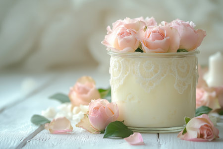 A glass jar adorned with lace features soft pink roses atop creamy candle wax, surrounded by scattered petals and greenery, creating a tranquil ambiance for a cozy space.の素材
