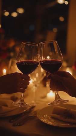 Two hands hold glasses of red wine, clinking together in celebration during a romantic dinner surrounded by candlelight and elegant table settings.の素材
