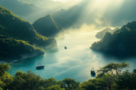 Boats navigate tranquil waters surrounded by lush mountains, with soft sunlight illuminating the misty scene at dawn, creating a peaceful atmosphere in nature.の素材