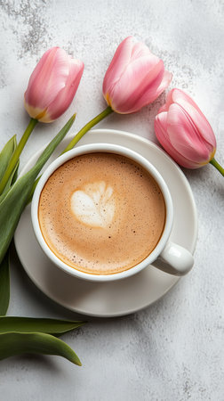A cup of latte with a heart design is surrounded by vibrant tulips on a white table. The warm colors create a cozy atmosphere, perfect for enjoying a relaxing moment.の素材