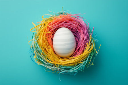 A white decorative egg rests in a vibrant nest made of pink, orange, and blue fibers, set against a smooth blue background, perfect for spring festivities and Easter celebrations.の素材