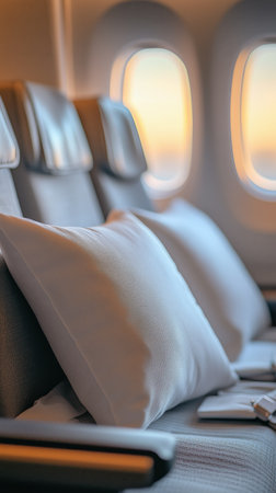 Two cozy airplane seats with white pillows are softly illuminated by morning light coming through the windows, creating a peaceful atmosphere before takeoff.の素材