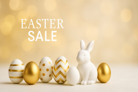 Festive decorations showcase golden Easter eggs alongside a white ceramic bunny, emphasizing a joyful holiday spirit and special savings on seasonal items.の素材