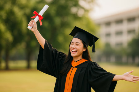 Joyful student celebrates graduation in a park, wearing a cap and gown, showcasing a diploma while surrounded by greenery. The atmosphere is festive and filled with happiness.の素材