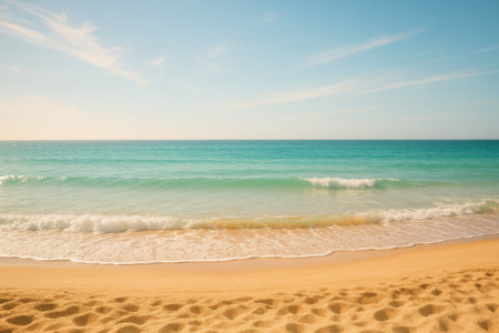 Soft waves wash ashore on a sandy beach as the sun sets on the horizon. The tranquil blue waters reflect the warm hues of the evening sky, creating a serene atmosphere.の素材