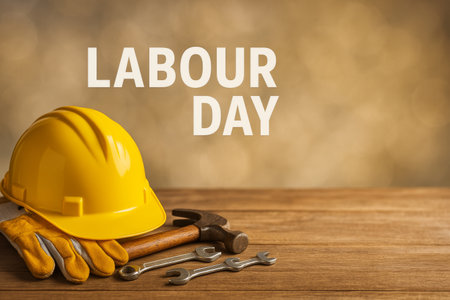 Yellow hard hat, work gloves, and a hammer are arranged on a wooden surface, symbolizing hard work and dedication on Labor Day, a day honoring workers and their contributions.の素材