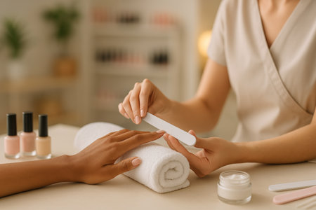 A client receives a manicure at a salon, with a technician gently filing her nails. Soft lighting and beauty products create a relaxing atmosphere for pampering.の素材